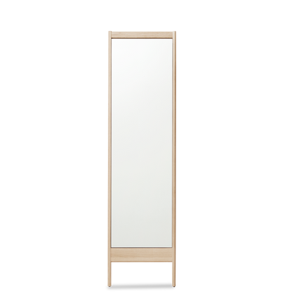 Spejl med ben og ramme i lys træ